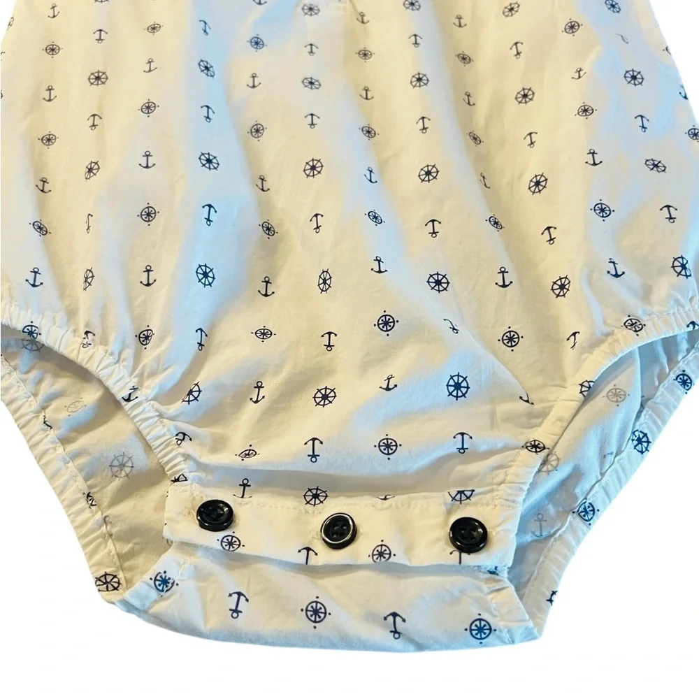 Rachel Riley White Long-Sleeve Nautical Anchor Print One-Piece